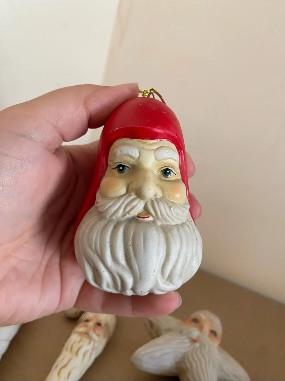 Vintage set of 4 Santa Ornaments - star, bell and icicle shapes, Belsnickle, red